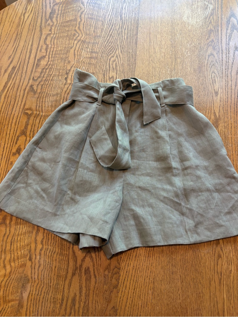 Zara High Waist Belted Pleated Linen Dress Casual Shorts Taupe Small EUC S